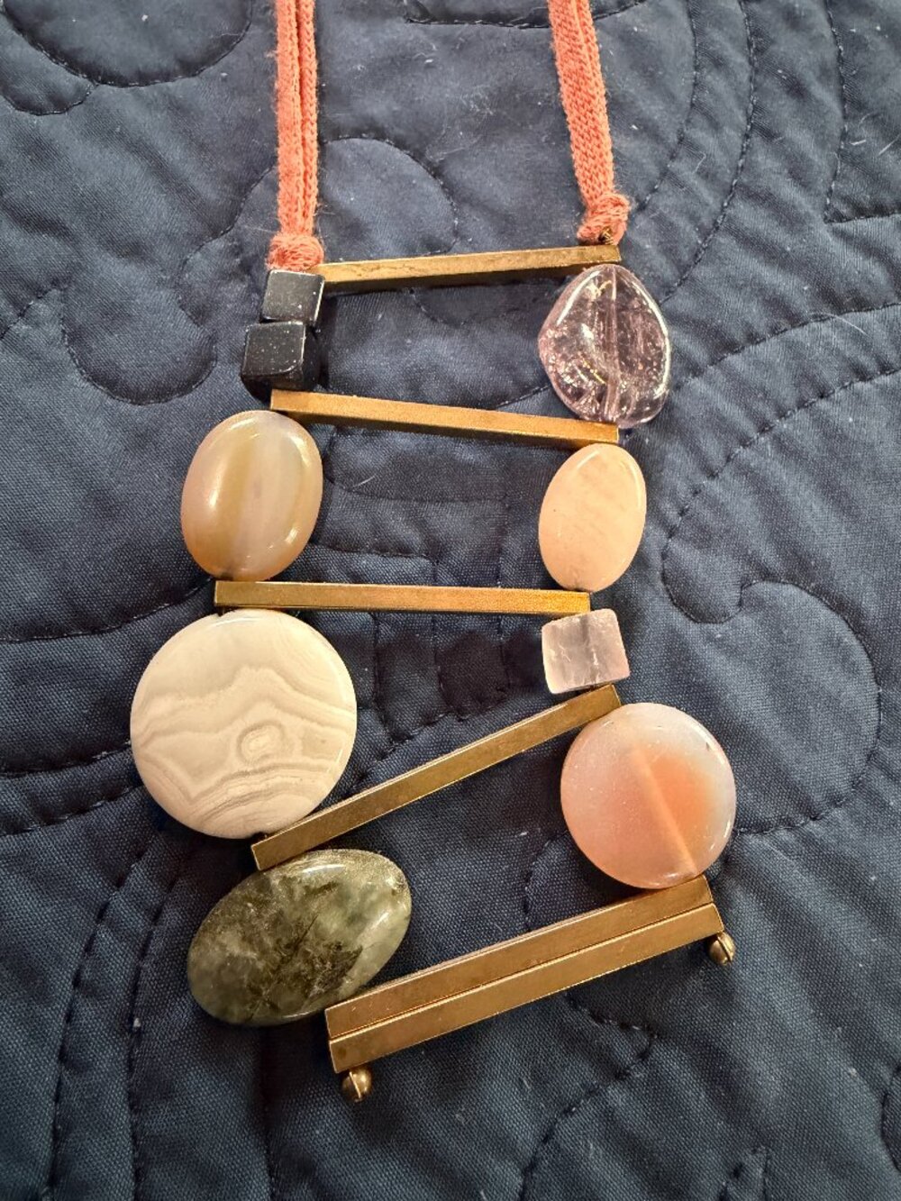 Vintage Eclectic Brass Ribbon and Polished Stone Bead Necklace
